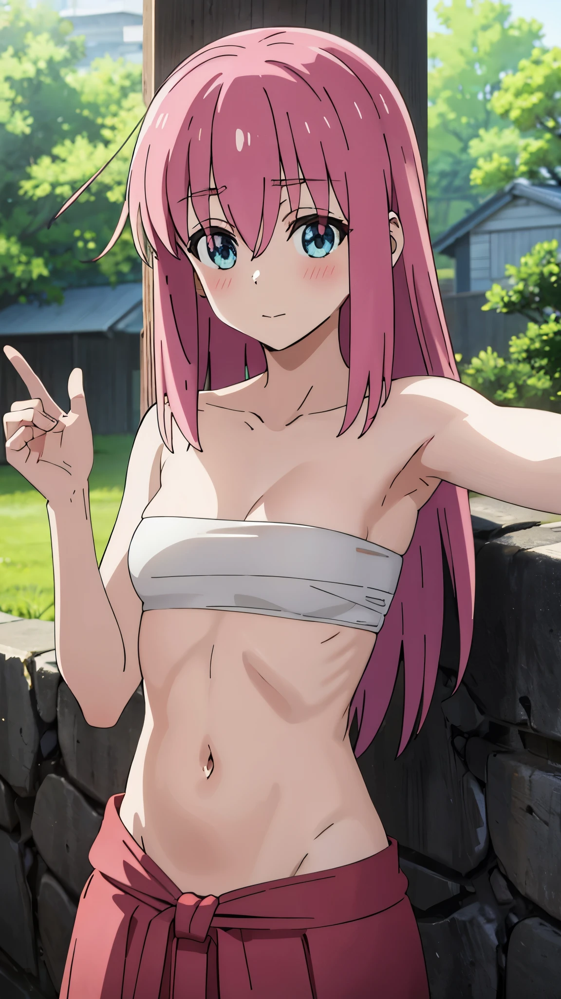 short girl, masterpiece, highres, solo, 8k, detailed, perfect face, best quality, (ultra high quality), (looking at viewers), (armpit), collarbone, bare arms, medium breast, cleavage, pink hair, long hair, blue eyes, belly, stomach, navel, abs, sarashi chest, bandaged breast, (red hakama), slim body, upper body, closed mouth, blush, at forest, hand up