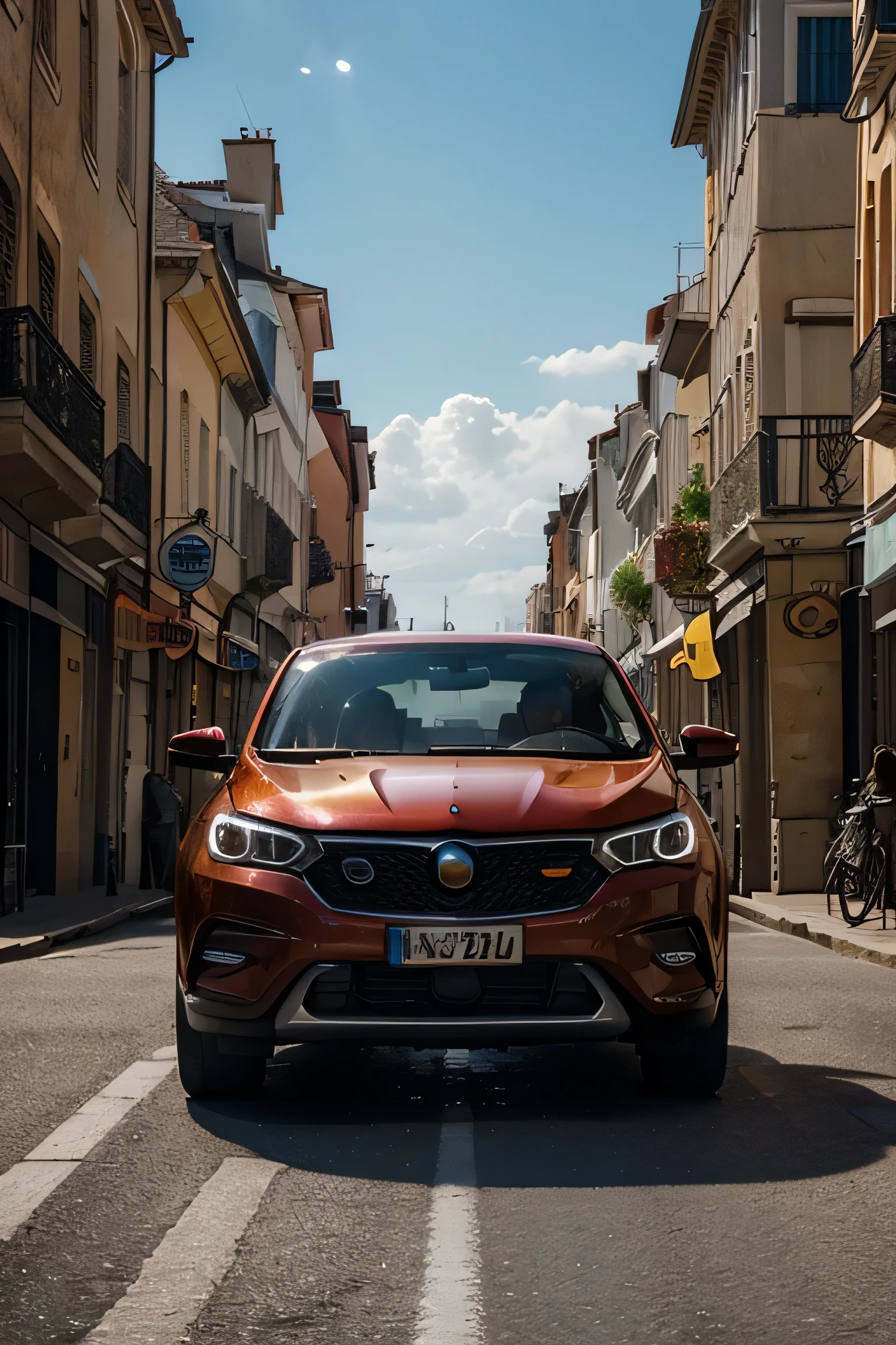 Imagine a striking red 4x4 model car emerging from a galactic portal where the sun once lived, surrounded by a dazzling effect of lights and flashes of solar flames. The background features a beautiful city in France, bathed in brilliant lighting that enhances the beauty of its streets and historic buildings. This scene, captured with a Nikon D5600 camera, exudes a professional, cinematic effect that highlights every detail with stunning clarity. The glow of the sun and flashes of light create a magical and dynamic atmosphere as the car poses for the photo, exhibiting its imposing presence in the urban landscape. The combination of the majesty of the vehicle, the splendor of the surroundings and the quality of the image captured evokes a feeling of grandeur and adventure. Every element of the scene, from the brightness of the sun to the elegance of French architecture, merges into a visual representation that sparks emotion and awe in the viewer. This stunning painting transports the viewer to a world of beauty, power and sophistication, capturing the essence of an unforgettable cinematic moment in the heart of the galaxy