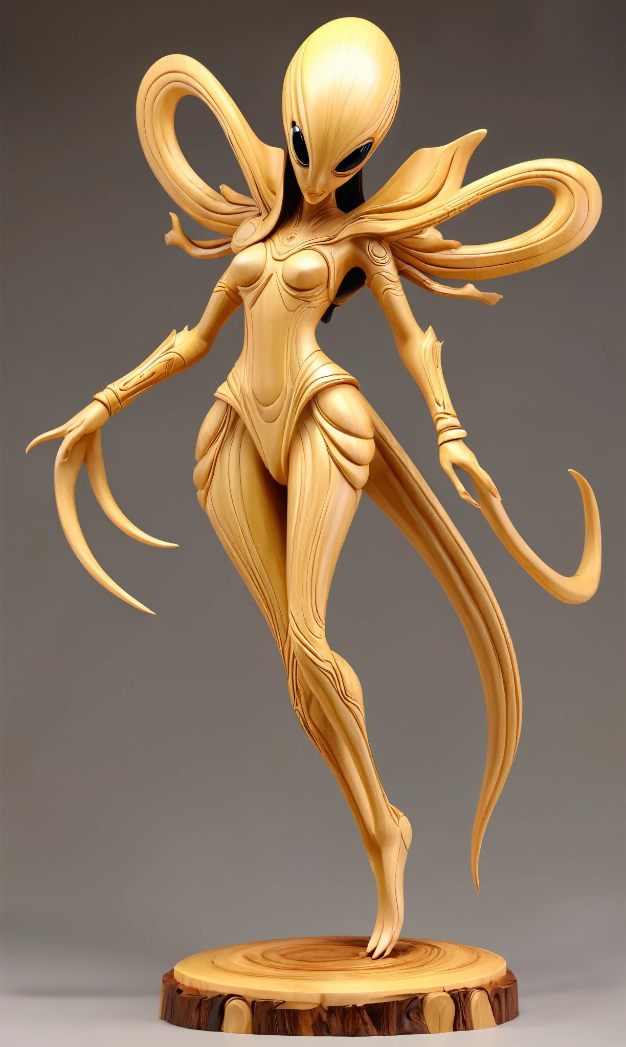 A woodcarving alien creature female,rosewood,smooth surface,(full_body),rimming light,Wood grain background,playful illustrations,playful,dreamy imagery,archeologic style,extremely detailed,artstation,8k,soft lighting,soft contrast,incredible art,wlop,artgerm,Gold，Glaive