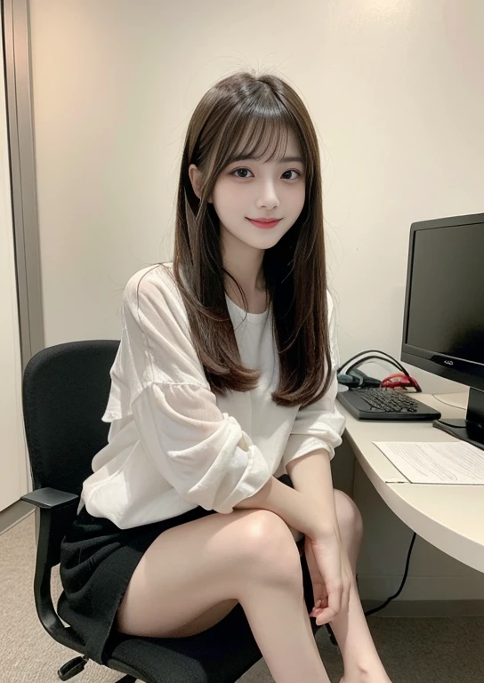 finely, High resolution, high quality、perfect dynamic composition, 15 year old girl、detailed and beautiful eyes, light brown layered cut、straight hair、bangs、Sit in front of your computer monitor、sit on a chair、looked back、long legs、despise、natural color lip, 1 person、neat and cute girl、Neat and young face、transparent skin、white skin、Bedroom、in the room、Snazzy clothes、Shibuya Ward、room wear、Snazzy、beautiful feet、thin legs、shake your head、Hey hey smile、slight smile、despise、Condescending、Laughed