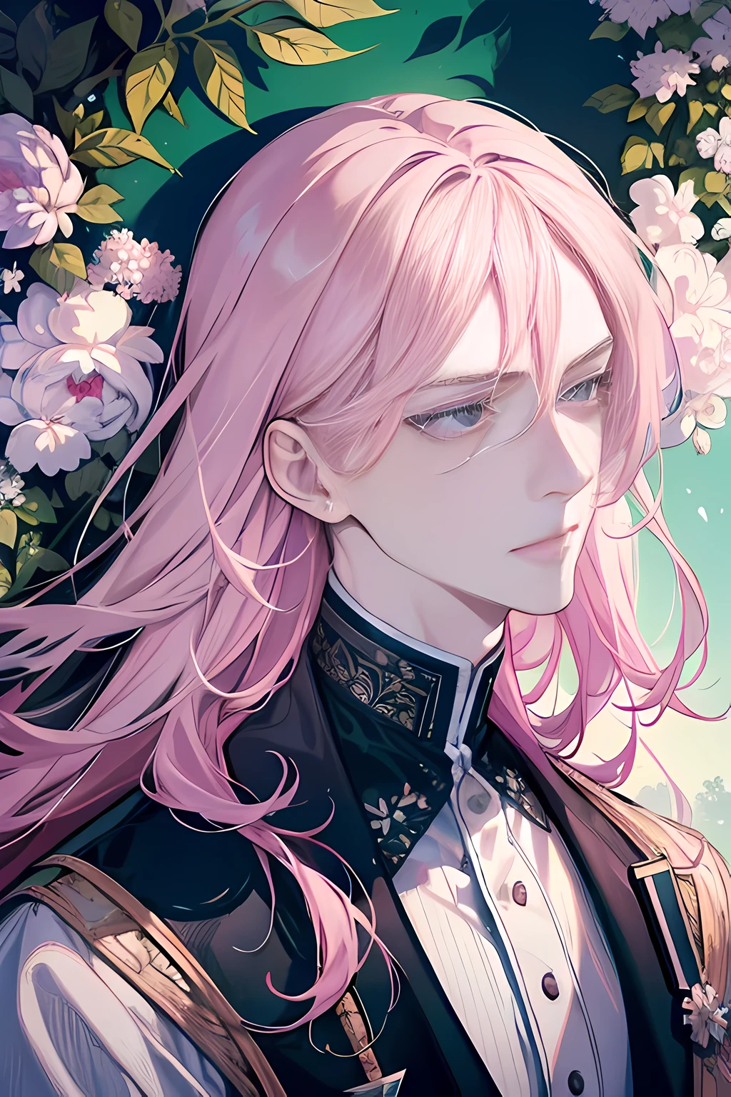 (absurdity, A high resolution, ultra detailed), 1 man, adult, Beautiful, tall muscular guy, broad shoulders, highly detailed eyes, very long hair, pink hair, Wavy hair, Flowers, diamond, Jewelry, USA, the forest, portrait, (Dutch corner), closed mouth