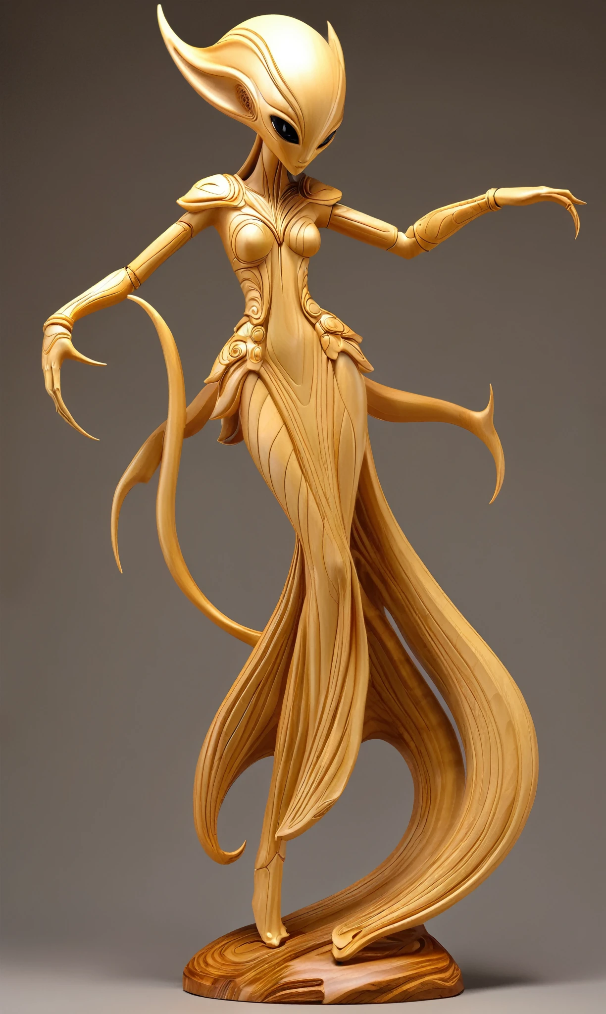 A woodcarving alien creature female,rosewood,smooth surface,(full_body),rimming light,Wood grain background,playful illustrations,playful,dreamy imagery,archeologic style,extremely detailed,artstation,8k,soft lighting,soft contrast,incredible art,wlop,artgerm,Gold，Glaive