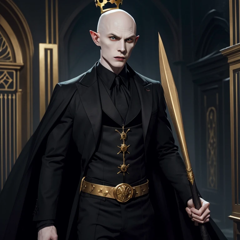 Nosferatu man with pale skin, no hair, muscular complexion, black suit with golden decorations, crown of bones, golden belt with a bat hill, looking straight at the viewer