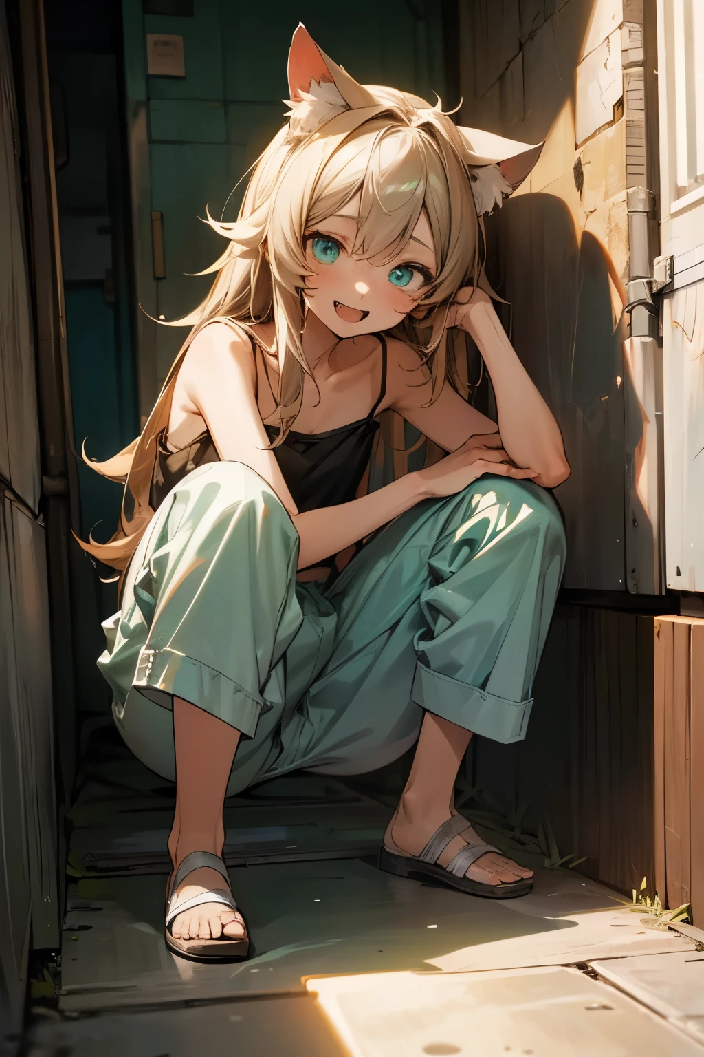 ((Masterpiece)), ((best quality)), (Anime:1.5), (RAW photo:1.2),(High Definition:1.3), (Professional Photography:1.2), ((12 years old)), cinematic lighting, Beautiful aqua eyes, (Unruly hair), pale brown hair,stooped posture, Forward leaning posture, (slightly exposed small chest), (badly tattered and torn camisole), (dirty white camisole), cute Boxer pants, Slender body, , open mouth, double teeth, (Very naughty smile), Textured skin, cat ears, Cute Beautiful girl, teenage , BREAK, ((best quality)), (crouching on concrete alley), slum townscape,