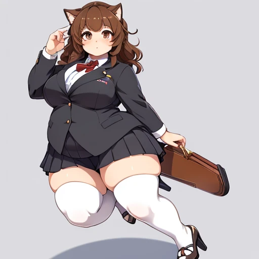 an anime style picture of the girl in the short skirt and white thigh high socks and high heels, 1girl, hazel eyes, brown curly hair, solo, gray blazer, gray skirt, white thigh high socks, black high heels, uniform, highly detailed face, perfect feet, portrait, full body, obese, small breasts
