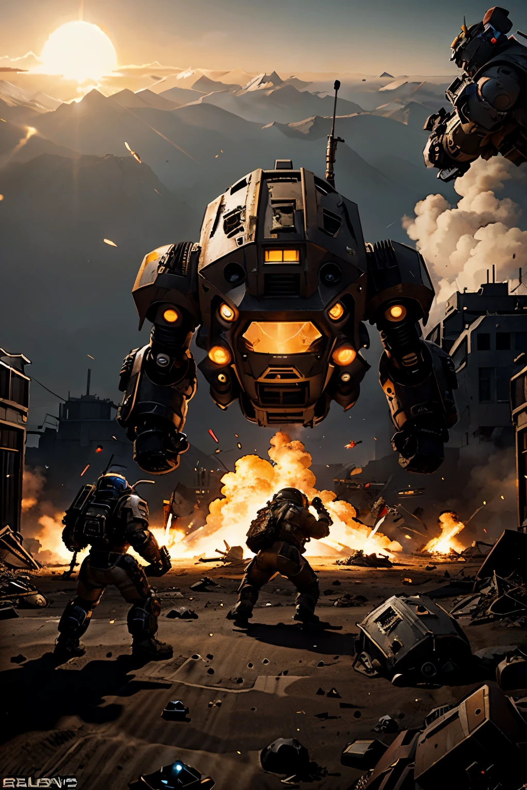 Helldivers 2 fighting robots in a wasteland and a hellbomb eksploding in bacground, cartoon, hand drawn,