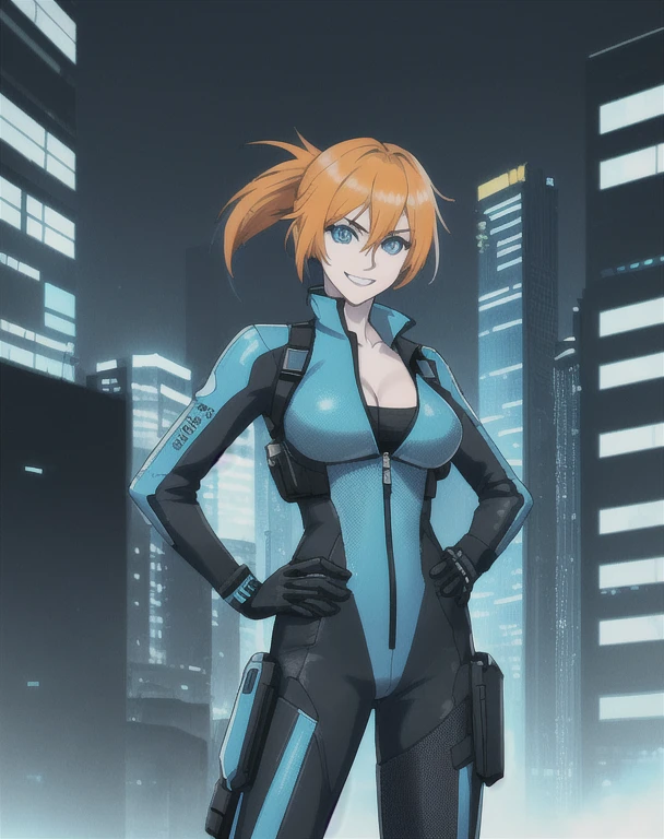 (best quality, highres, ultra-detailed, realistic:1.37), 1girl, solo, ((32 years old, wearing a blue sequin dress, medium breasts, short orange hair, pony tail styled hair, pale skin, natural makeup, perfect model body:1.3, detailed blue eyes:1.5, beautiful detailed lips, extremely detailed face, long eyelashes, looking at the viewer)), sci-fi, digital art, futuristic coloring, vibrant lighting, (Background: Indoors, night club, futuristic, Sci-Fi, cyberpunk theme, futuristic technology in the background)