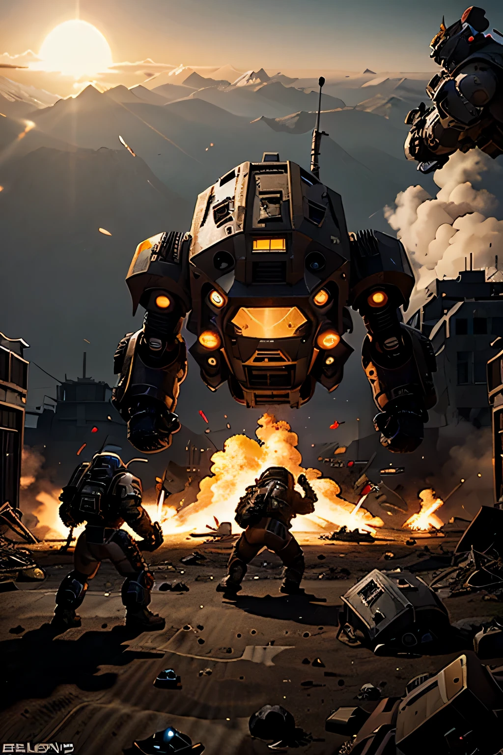 Helldivers 2 fighting robots in a wasteland and a hellbomb eksploding in bacground, cartoon, hand drawn,