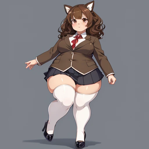 an anime style picture of the girl in the short skirt and white thigh high socks and high heels, 1girl, hazel eyes, brown curly hair, solo, gray blazer, gray skirt, white thigh high socks, black high heels, uniform, highly detailed face, perfect feet, portrait, full body, slightly obese, small breasts