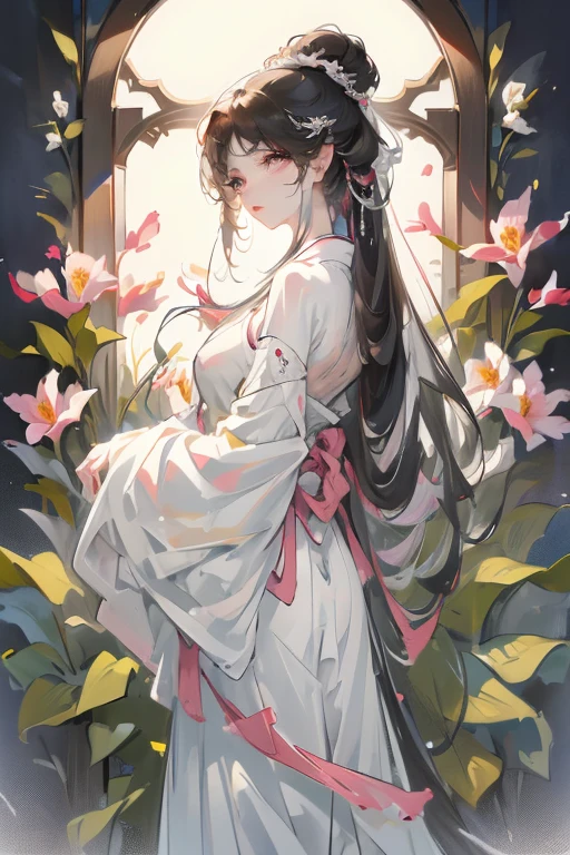 A , about 1.5 years old, is standing in a serene garden, surrounded by vibrant flowers and fluttering petals. She is wearing a traditional hanfu, a flowing cord delicately wrapped around her waist. With her delicate and beautiful gray eyes, illuminated by the soft side light, she looks like a masterpiece of art. The realism of her features is astonishing, with bright eyes and shiny hair cascading down her back. Her dark, long locks perfectly complement her radiant skin. Standing alone in this enchanting scene, she appears both strange and captivating. Her dress, held up by delicate straps, accentuates her graceful presence. With such a beautiful and delicate appearance, she resembles a work of art in this garden of blooming