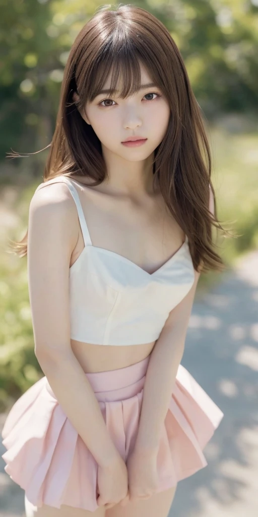 Sexy Big 、A cute 15-year-old girl with a sexy and cute look, beautiful and sexy face、A strong wind blows my hair in front of my face、With straight blonde hair、beautiful, Cute and sexy eyes hidden behind long bangs、Cute tulle mini skirt