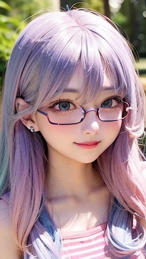 The arrival of autumn、Big chest、small face、 (alone:1.5,)Super detailed,明るいcolor, very beautiful detailed anime face and eyes, look straight, shiny_skin,girl, (((虹colorの髪, colorful hair, Half blue、half pink hair: 1.2))), 、shiny hair, delicate beautiful face, blush、Glasses、(turquoise eyes), , Valletta, earrings,、sunset、forest road、((Sexy polka dot summer outfit、striped mini skirt,)))、(twin tails)、smile、happy face、face dyed red、color々pose、Full body portrait from head to toe、(I can see the whole body)