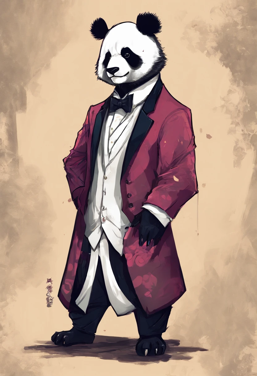 anthropomorphic panda, de cuerpo entero, vestido formalmente con un blazer, sostiene una bandeja, pegatina de panda, sticker de panda.