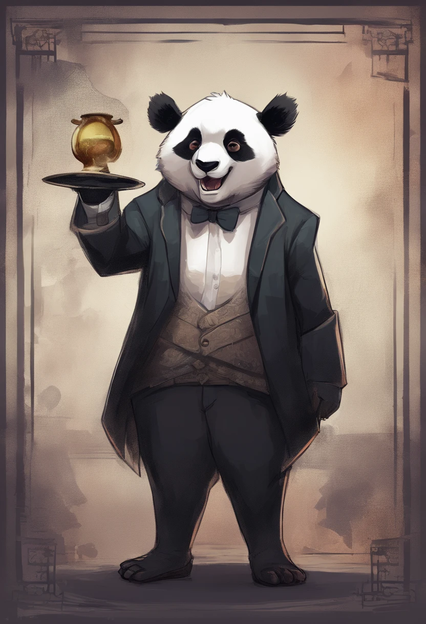 anthropomorphic panda, de cuerpo entero, vestido formalmente con un blazer, sostiene una bandeja, pegatina de panda, sticker de panda.