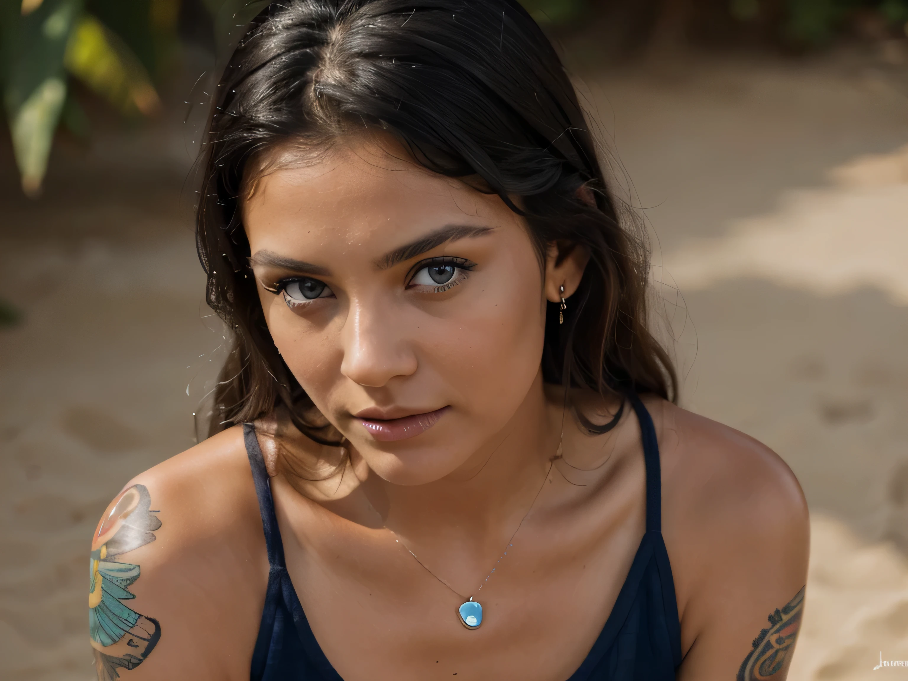 RAW photo of a women, super detail, high details, high quality, realistic, black hair, blue eyes, tanned skin, summer dress, has jewelry, small tattoo.