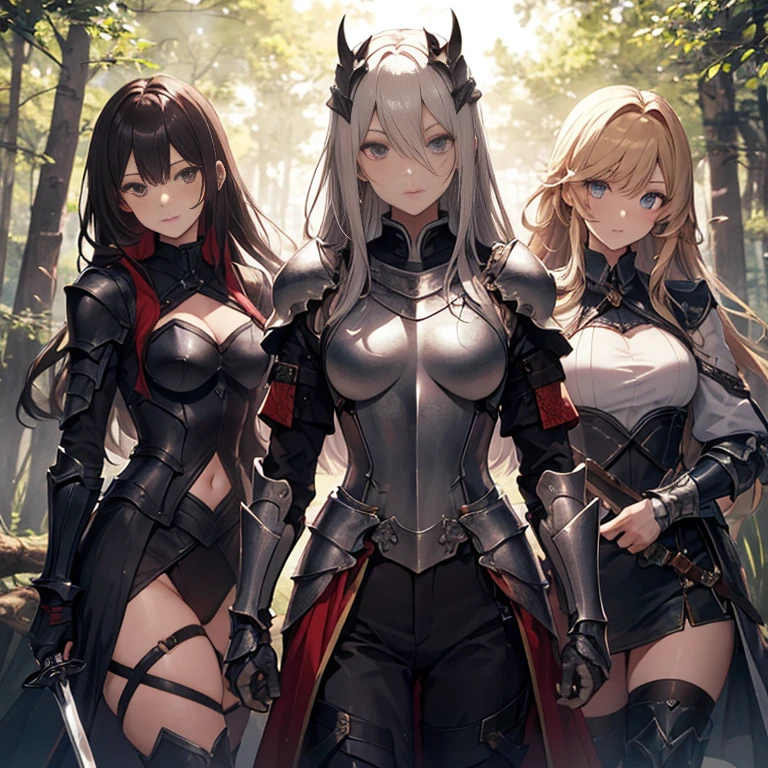 A group of  female knights, (in forest), various hair styles, harem, wearing armored clothes, metal armor, night, details face, trousers, seducing, sword,