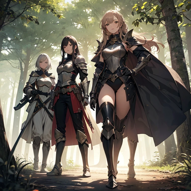 A group of female knights, (in forest), various hair styles, harem, wearing armored clothes, metal armor, night, details face, trousers, seducing, sword,