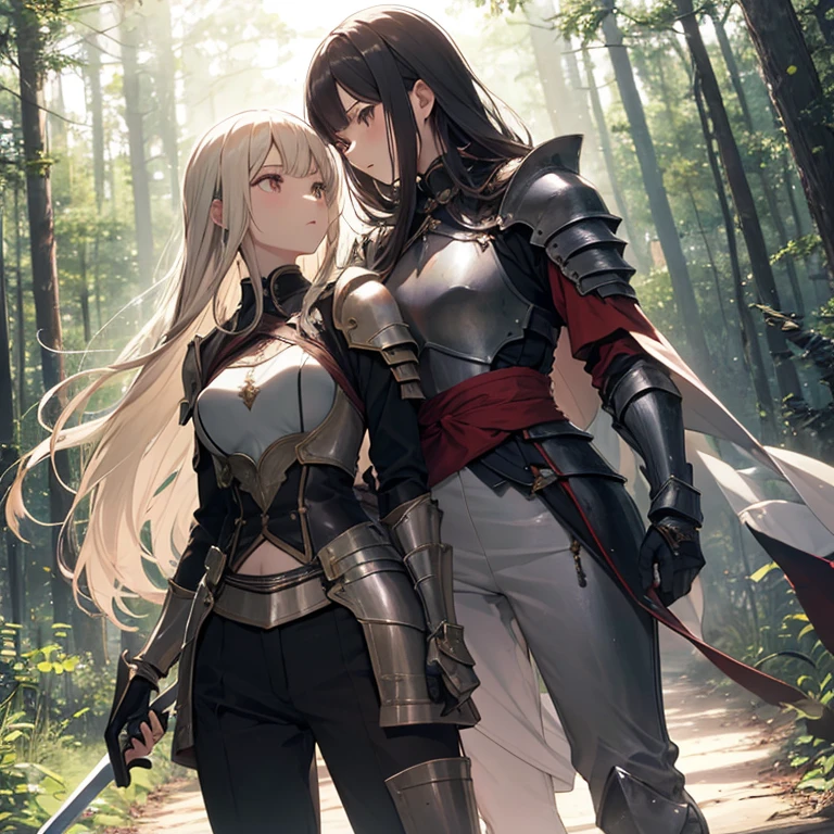 A group of female knights, (in forest), various hair styles, harem, wearing armored clothes, metal armor, night, details face, trousers, seducing, sword,