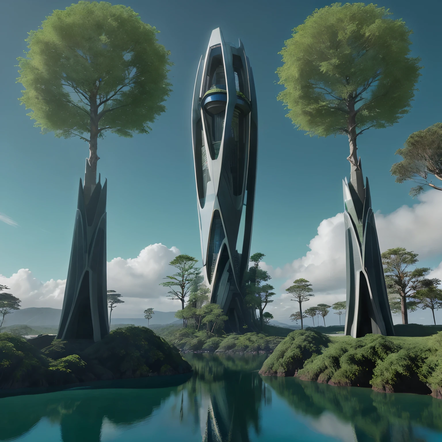 A futuristic tower with magical trees surrounding it, laguna cristalina y dragones en el cielo (sharp)