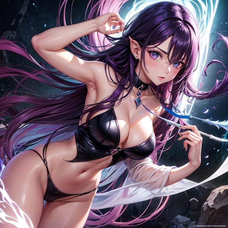 Fairy Woman, 25 years old, su cabello es largo ondulado de color morado oscuro, his eyes are black look would be