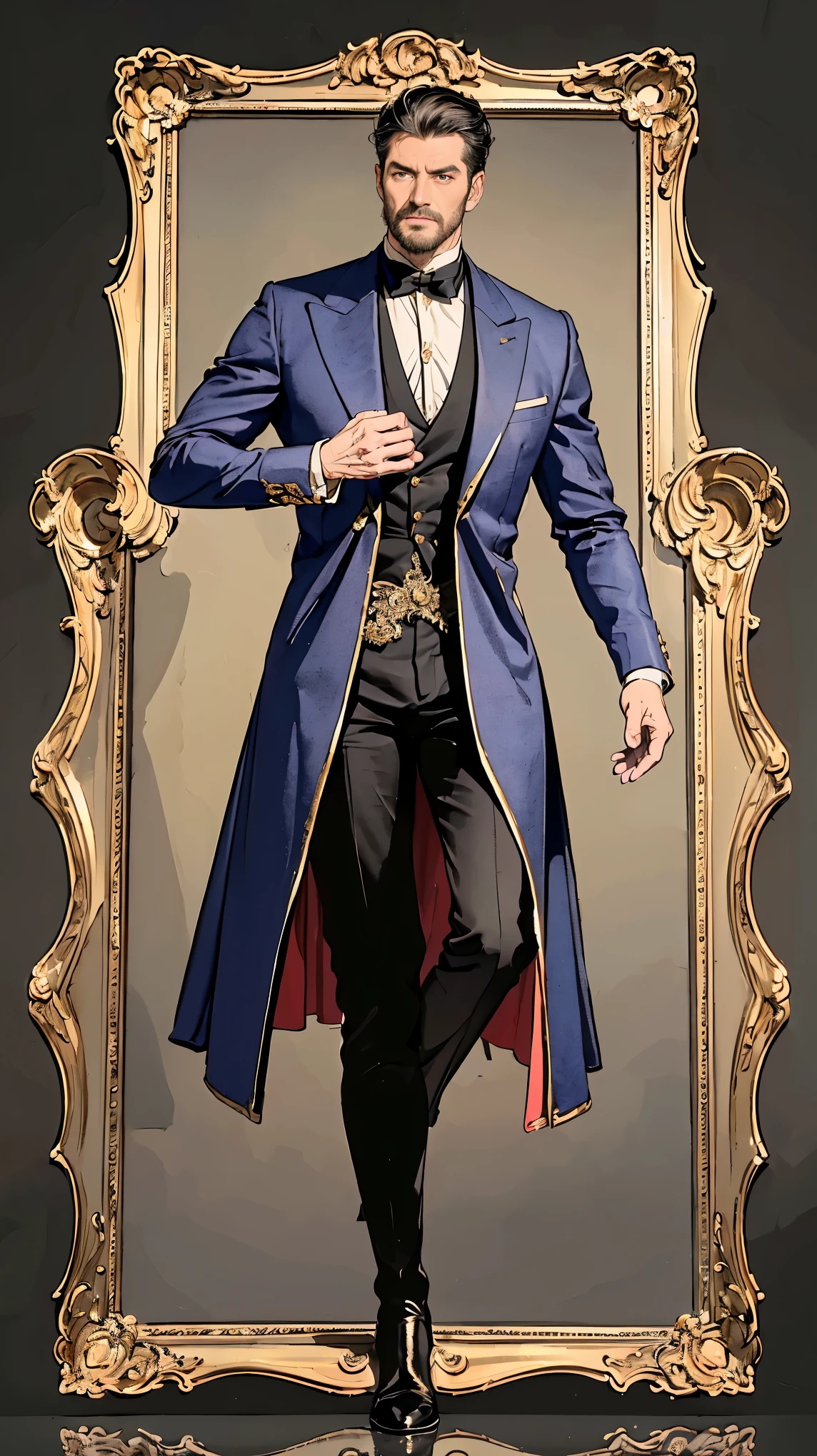 ((best quality,4k,highres,masterpiece:1.2)),((character concept art)), 1 male, 50-year-old French aristocrat, majestic and fearsome look, ((intricate detail)), super finely detailed hands, ultra finely detailed fingers(((ten fingers))), embodying an aura of power and elegance, tall, lean body, gray hair, wearing modern aristocratic attire - velvet doublet, ruffled collar shirt, hose, and riding boots. His gaze is commanding and intense, reflecting his high status and formidable character, (standing majestically), ((full body showcase)), ((show full body)), (no logos on background), (no logo), ((plain background)), ((plain background)), (((empty background))).