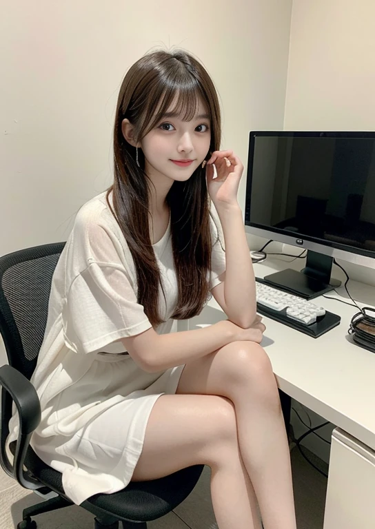 finely, High resolution, high quality、perfect dynamic composition, 15 year old girl、young face、neat and cute girl、detailed and beautiful eyes, light brown layered cut、straight hair、bangs、Sit in front of your computer monitor、sit on a chair、looked back、long legs、despise、natural color lip, 1 person、neat and cute girl、清楚でyoung face、transparent skin、white skin、Bedroom、in the room、Snazzy clothes、Shibuya Ward、room wear、Snazzy、beautiful feet、thin legs、shake your head、Hey hey smile、slight smile、despise、Condescending、Laughed