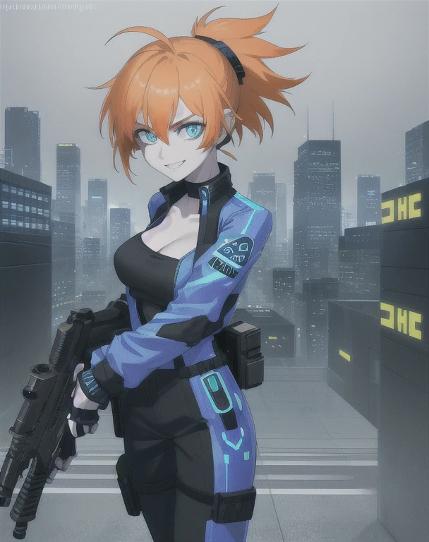 half body portrait, generic 32 year old Cyberpunk Agent, pretty and brave, medium breasts, pale skin, thin and athletic, (Wearing a blue futuristic jumpsuit, utility belt and gun holsters), doing a heroic pose with two pistols in both hands, grin with teeth, cleavage exposed, perfect eyes, perfect irises, standing on a rooftop with a night sky, The skyline of a cyberpunk city is seen in the background, (1girl with short orange hair, pony tail style and bright blue irises), 4k textures, raw photo, epic artistic, photoreal art, sharp focus, even lighting, insane details, intricate details, hyperdetailed, rich colors, staring at viewer, looking into camera, windswept hair blowing in the wind