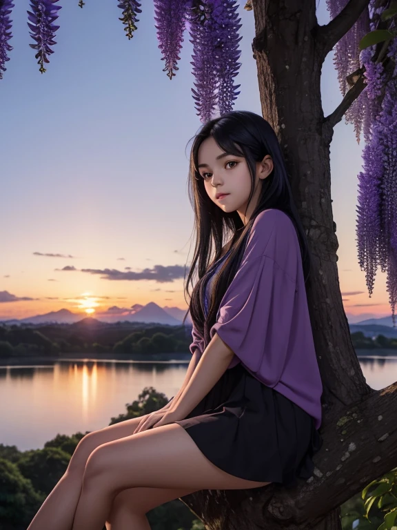 Young girl with black hair is sitting on a high branch of a large tree, she is peacefully and relaxed pose admiring the crepuscule and the nightfall mirando hacia el horizonte observando el amanecer looking towards the horizon, there are wisteria plants surrounding the background