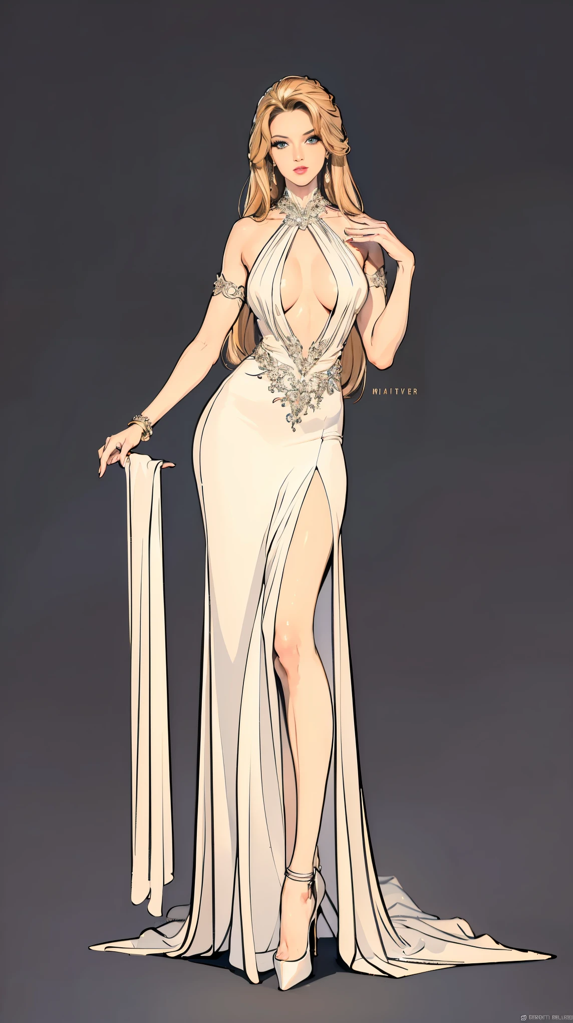 ((masterpiece,best quality,8k,highres)),((character concept art)), 1 female, mature female, retired supermodel, single mother, 175 cm height, (long blonde hair), blonde hair, (tan skin colour), ultra finely detailed eyes (green eyes colour), extraordinary gorgeous, seductive, flirty, lustful, perfect body build ((slim curvaceous)), ((intricate detail)), super finely detailed hands, ultra finely detailed fingers(((ten fingers))), (elegance white deep v neck evening dress), (standing still), (full body showcase), (show full body), (no logos on background), (no logo), ((plain background)), ((plain background)), (((empty background)))