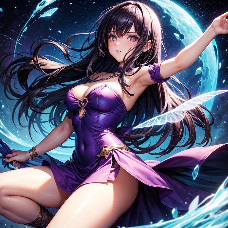 Fairy Woman, 25 years old, su cabello es largo ondulado de color morado oscuro, his eyes are black look would be, vestido largo