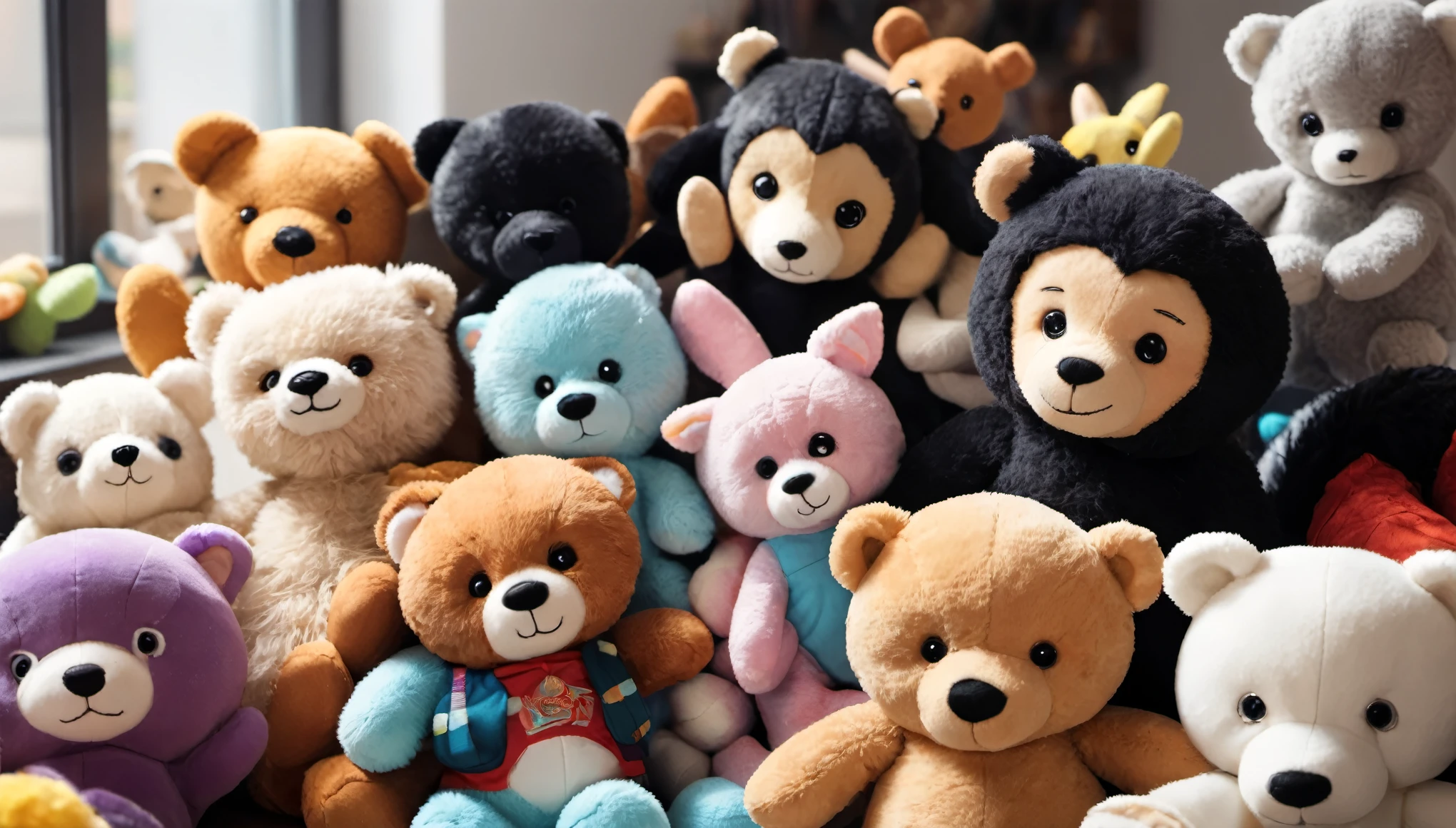 a room full of STUFFED toys, cabelos preto e longos,cheerfulness,Rejoice,Perfect quality,Clear focus(Clutter - home:0.8), (tmasterpiece:1.2) (realisticlying:1.2) (Bokeh) (best qualtiy) (detailedskin:1.3) (complexdetails) (8K) (detailedeyes) (Sharp focus),(having fun)closeup cleavage