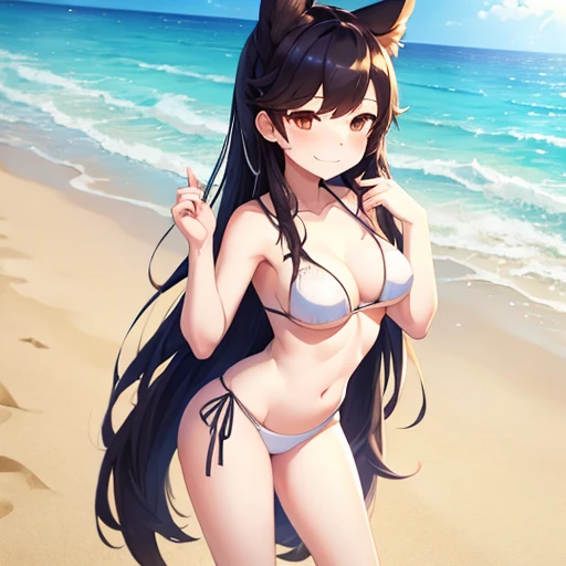 1girl, masterpiece, Atago from Azur Lane, beach, white bikini, full body shown, very young ager, extremely skinny, devious smiling face, standing, suggestive hands