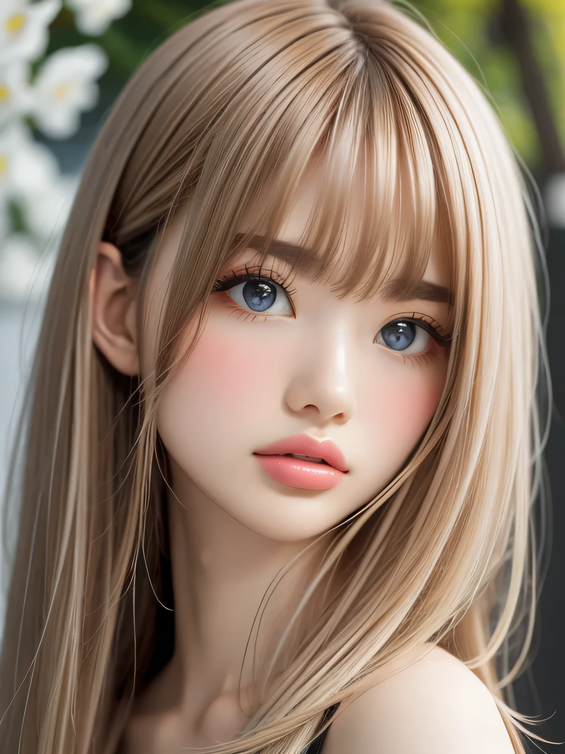 Portrait、、bright look、young shiny glossy white shiny skin、best looks、ultimate beautiful girl、The most beautiful platinum blonde hair in the world、shiny bright hair,、Super long smooth straight hair、Shining beautiful bangs、Sparkling crystal clear charming blue eyes、Very beautiful and lovely cute 16 year old girl、rich bust