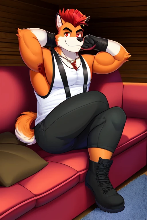 , anthropomorphic wolf, furry, 6'7 and 233 lbs, 50" Chest, 21" Shoulders, 17" Biceps, 36" Waist, 25" thighs, 17" calves
20" back, orange fur with red on the tips on his ears and brush of his tail, red hair, mohawk hairstyle, red eyes, wearing black sleeveless leather vest, wearing black bandana around forehead, wearing white t-shirt with ripped sleeves, wearing black leather pants, wearing black leather boots, wearing red boxing gloves, darkly lit room, watching tv, sitting on sofa, orange, tufted velvet chesterfield sofa, pastel purple, yellow, and mint green pillows, log cabin, arms back behind head, hairy armpits