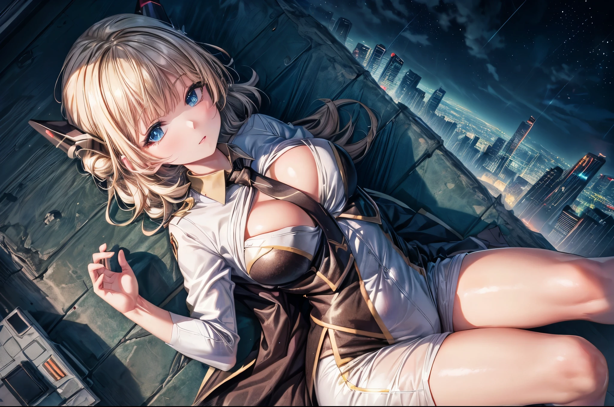 (8k, RAW photo, best quality, masterpiece:1.2), (cityscape),1girl,(sky striker ace raye),professional lighting, photon mapping, radiosity ,blue eyes,Blond hair, black headdress.Dark brown tie,(lying down),(raining),stars,night,(cleavage),(narrow bust),((view from above)),long legs