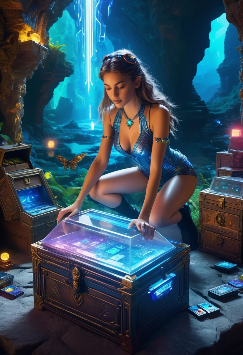 (best quality,4k,8k,highres,masterpiece:1.37), ultra-detailed, (realistic,photorealistic,photo-realistic:1.37), (aerial view), (top down perspective), (1insectoid girl), (the focal point is a girl pulling a video game cartridge out of a futuristic artifact chest full of retro video game cartridges:1.6), (the girl is looking at the box:1.4), (Futuristic artifact box), (the artifact box is open), (The scene unfolds inside a mystical cavern:1.4), fractal_body, cyborg, (The girl is wearing an organic exoskeleton, covering her entire body, made with glass details:1.5), (dynamic angle:1.37), science fiction, (The girl's hair is made of fractal technologic components:1.5), (fantasy and sci-fi mixed:1.5), holographic glitch effects floats around the girl, vibrant colors, (A blue glow emanates from inside the treasure chest), glowing lights, (abandoned machinery), (there are old video game cartridges and consoles on the background), mystical creatures, pixelated details, (there are crystal formations spreading on the background), (futuristic technology), (ancient artifacts), mystical energy, vibrant retro aesthetic, atmospheric lighting, ancient ruins, mysterious symbols, shimmering water, lush vegetation, interdimensional portals, nostalgic atmosphere, immersive storytelling, epic adventure, delightful surprises