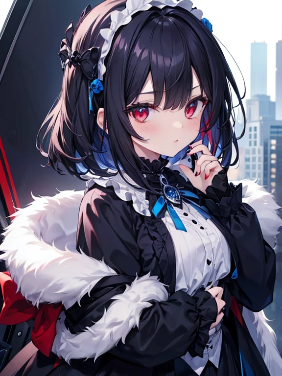 A dark-haired,White and blue goth ,Fluffy cute,Red eyes,,((masterpeace))