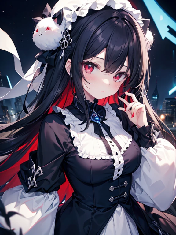 A dark-haired,White and blue goth ,Fluffy cute,Red eyes,,((masterpeace))