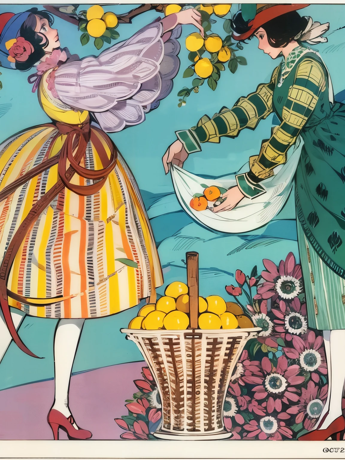 illustration of two women in dresses and hats picking oranges from a tree, by Gerda Wegener, by George barbier, inspired by Gerda Wegener, by Peggy Angus, inspired by George barbier, by Jean Petitot, by Yvonne Jacquette, illustration”, by Jean Louis Petitot, by Hans Baluschek, rene margitte illustrated