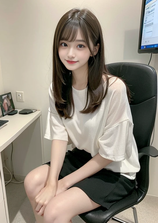 finely, High resolution, high quality、perfect dynamic composition, 15 year old girl、detailed and beautiful eyes, light brown layered cut、straight hair、bangs、Sit in front of your computer monitor、sit on a chair、looked back、long legs、despise、natural color lip, 1 person、neat and cute girl、Neat and young face、transparent skin、white skin、Bedroom、in the room、Snazzy clothes、Shibuya Ward、room wear、Snazzy、beautiful feet、thin legs、shake your head、Hey hey smile、slight smile、despise、Condescending、Laughed