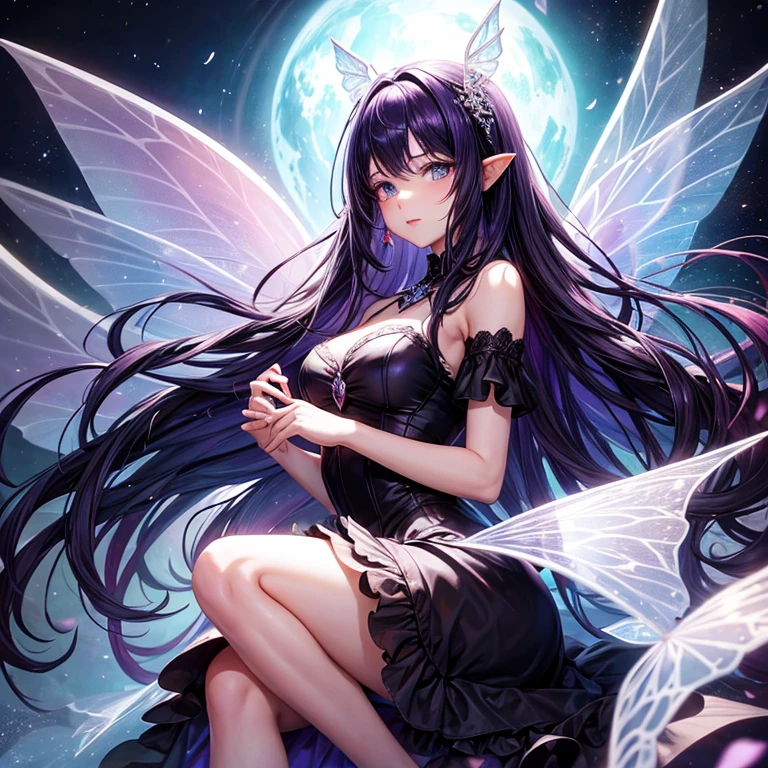 25 year old woman with fairy wings, caderas anchas su cabello es largo ondulado de color morado oscuro, his eyes are black look would be, vestido largo