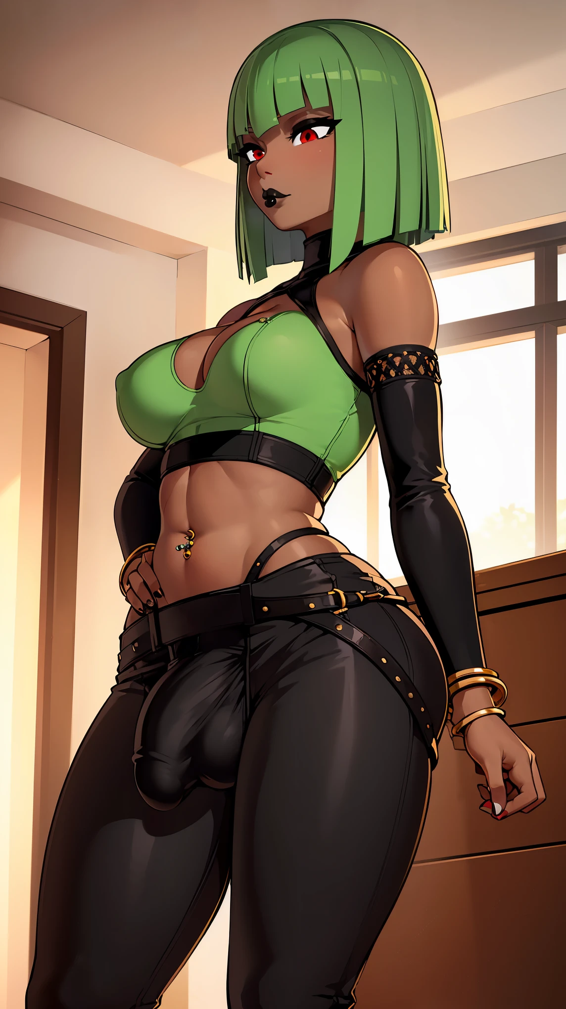 (solo:1.1),(masterpiece), (best quality:1.3), highly detailed, intricate, professional art, digital art, absurdres, confidant, emerald sustrai, futanari emerald sustrai wearing a green leotard cleavage cutout detached sleeves and pants confidently posing with hand on hip indoors, pants, 1girl, solo, (dark skin:1.4), green hair, bob hair, gold hoop earrings, gold jewellery, ab lines, (gold navel piercing:1.1), detailed stomach, red eye colour, dark skin, small breasts, (aroused:1.2), (futanari:1.1), (wide hips:1.4), (makeup 1:1), beestung lips, (black lipstick:1.3), penis bulge, pants straps riding hips, (crotch bulge:1.4), crotch bulge, testicle bulge , furniture, side view, bubble butt, protruding butt, perky ass, gluteal crease, universal lighting
