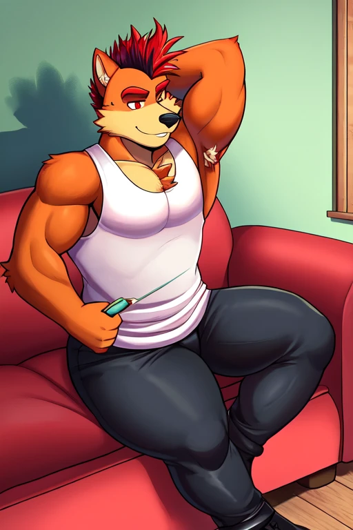 , anthropomorphic wolf, furry, 6'7 and 233 lbs, 50" Chest, 21" Shoulders, 17" Biceps, 36" Waist, 25" thighs, 17" calves
20" back, orange fur with red on the tips on his ears and brush of his tail, red hair, mohawk hairstyle, red eyes, wearing black sleeveless leather vest, wearing black bandana around forehead, wearing white t-shirt with ripped sleeves, wearing black leather pants, wearing black leather boots, wearing red boxing gloves, darkly lit room, watching tv, sitting on sofa, orange, tufted velvet chesterfield sofa, pastel purple, yellow, and mint green pillows, log cabin, arms back behind head, hairy armpits, pastels, water colors