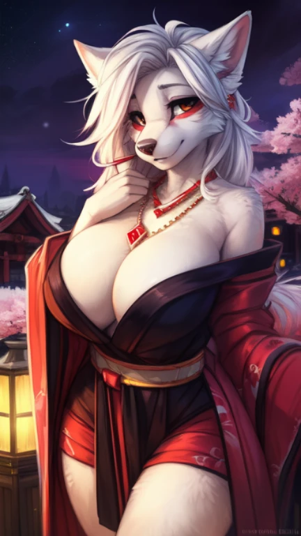 by kenket, Ross Tran, ruan jia, zaush, foxovh, by Zackary911, by hyattlen, by teranen, by fumiko, by Pixelsketcher, by fluff-kevlar, bye r-mk, by Dimwitdog, Furry, Anthro, (oiran), prostitute, (luxurious off-shoulder kimono), female white fox with red markings, kemono, (huge breasts), long (elegant) white hair, hourglass body, revealing outfit, seductive, alluring eyes, looking at viewer, red markings on body, white fur, traditional japanese, magic fantasy, (mature), milf, tall, curvy, outdoors, cherry blossoms, nighttime, cleavage, tugging on own clothes,