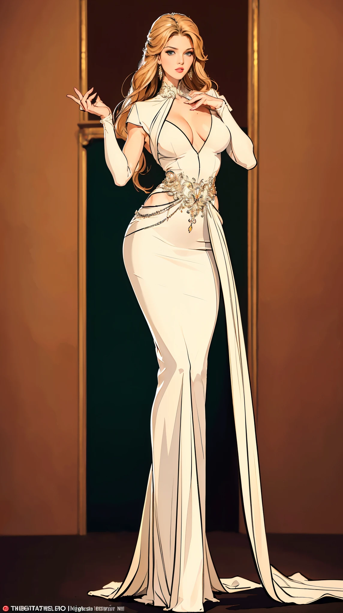 ""Full body"" realistic lighting, high resolution, Masterpiece, best quality, ultra detailed, 4k, Full body, Latin American woman, 34 years old, white skin, Blue eyes, Brown hair, A long evening dress to the feet, Emerald red made from a luxurious satin fabric. The dress features a fitted silhouette with a plunging neckline and a daring thigh-high slit, Statement earrings and a delicate bracelet with emerald accents, An elegant red satin clutch bag adorned with a sparkly zipper completes, strappy pumps in metallic gold, hair is styled in loose waves that cascade over her shoulders, while makeup features a deep red lip and a subtle smoky eye, medium breasts, Wide hips, big buttocks, curvy figure, standing, looking directly at the viewer, 1girl alone, alone.