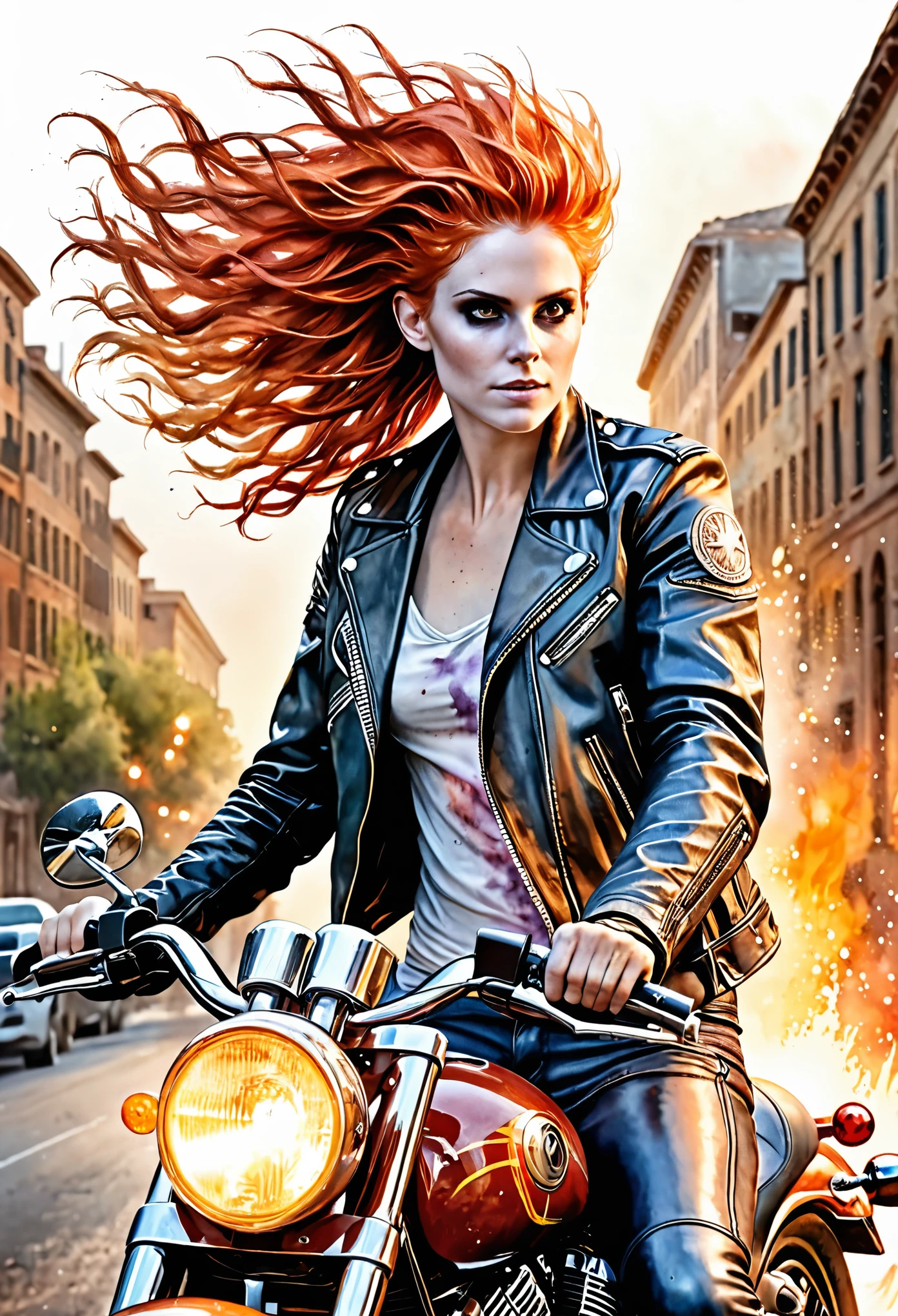 Colorfull watercolor hand drawing, splash design, (best quality, masterpiece:1.2), side view, a ghost ridert with fire hair wearing leather jacket, marvel style, simple lines, looking to camera, in dinamic, (natural skin and textile texture, hyperrealism, soft light, sharp:1.2), (intricate details:1.1), hdr, bokeh