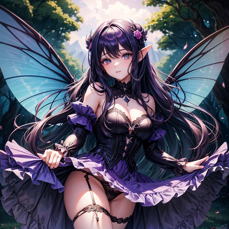 25 year old woman with fairy wings, caderas anchas su cabello es largo ondulado de color morado oscuro, his eyes are black look would be, vestido corto negro. Fondo de un bosque 