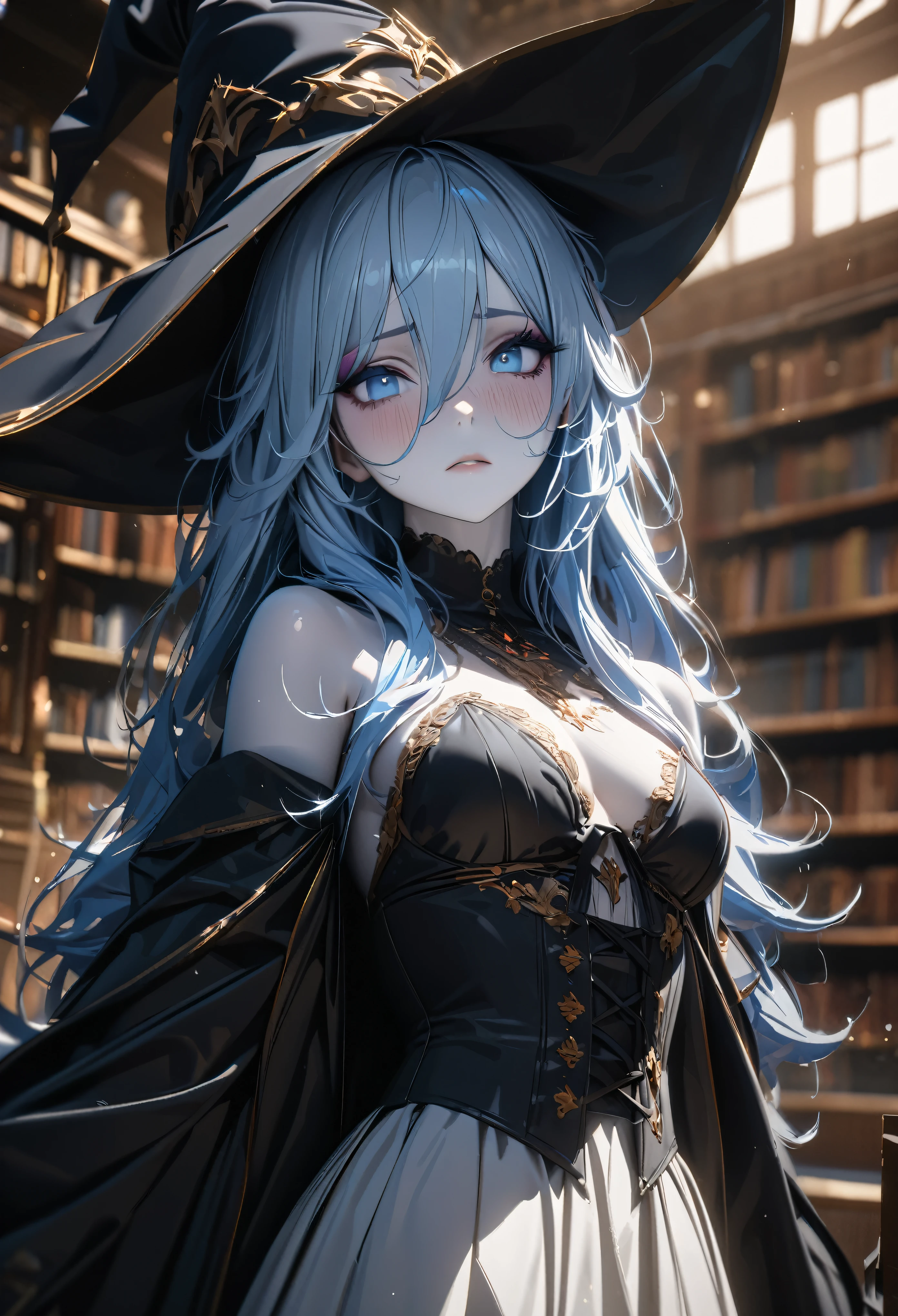 (absurdres, highres, ultra detailed), masterpiece, perfect resolution, great detail, super detailed, detailed face, unhealthy, NEET, unhealthy pale skin, pink dry lips, blue eyes, light eyes, eyeshadow, tired looking, tired eyes, medium breasts, light blue hair, messy hair, unkept hair, long hair, dense hair, mane hair, library scenery, dark robes, witch hat, corset, emotionless face, depth of field, (25 years old), cinematic lighting, ray tracing, depth of field, cinematic lighting, ray tracing, UHD, high details, best quality, highres, high quality, award winning, super detail, masterpiece, 8k, UHD, high details, best quality, highres, high quality, award winning, super detail, masterpiece, 8k, digital art, anime coloring
