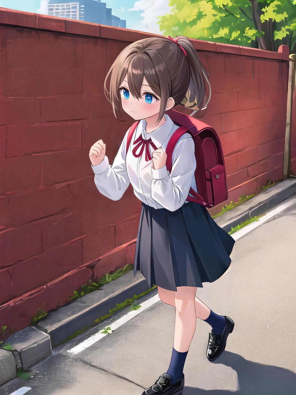 Masterpiece, hd, 2d, 1girl, solo, wearing randoseru, backpack, bag, red bag, black footwear, white shirt, black socks, blue eyes, blush, brown hair, brown skirt, closed mouth, collared shirt, day, full body, hair between eyes, long sleeves, looking away, medium hair, outdoors, ponytail, shirt, shoes