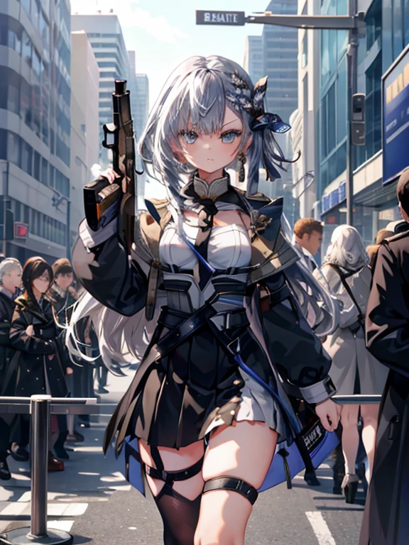 masterpiece, highest quality, intricate details, best texture, soft light, sunny, airport, fighter jets, combat fleet, 1girl, uniform in front of a group of soldiers, With military uniform, Wearing military uniform, Full uniform, Wearing a black military uniform, walking, wearing zeta, serious, looking at the viewer, gun on the back and waist, Hair ribbon, hair ornament, black and brown dress, single thigh, thigh strap, menacing look, gun in hand